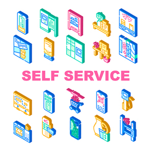 Self Service Buying Collection Icons Set Vector. Self Service Robot Cashier And Photo Kiosk, Digital Check And Terminal For Payment Isometric Sign Color Illustrations