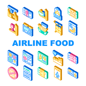 Airline Food Nutrition Collection Icons Set Vector. Armchair With Table For Airline Food And Microwave, Alcohol And Business Class Lunch Isometric Sign Color Illustrations
