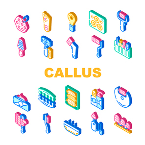 Callus Remover Tool Collection Icons Set Vector. Callus Remover And Adhesive Plaster Accessories For Treatment Foot And Fingers Isometric Sign Color Illustrations