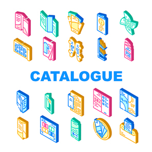 Catalog And Booklet Collection Icons Set Vector. Clothing Fashion Catalog And Promotional Brochure, Informational Flyer And Shelf Isometric Sign Color Illustrations
