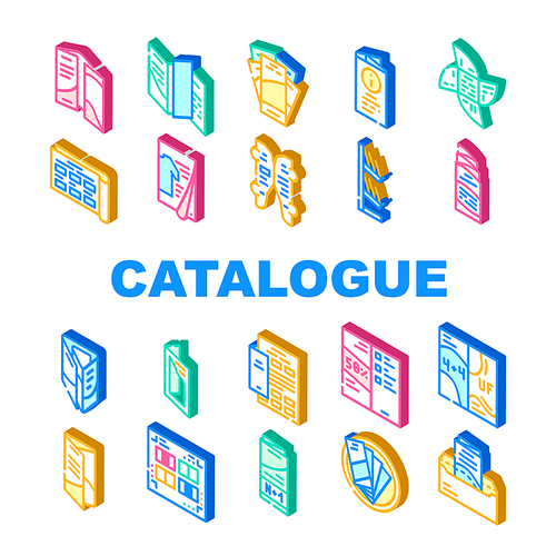 Catalog And Booklet Collection Icons Set Vector. Clothing Fashion Catalog And Promotional Brochure, Informational Flyer And Shelf Isometric Sign Color Illustrations