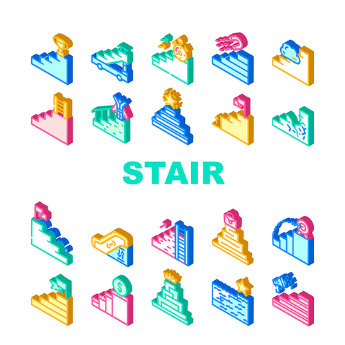 Stair And Achievement Collection Icons Set Vector. Career Stair And Business Target, Competition Event Win And Financial Wellbeing Isometric Sign Color Illustrations