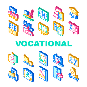 Vocational School Collection Icons Set Vector. Brickwork And Pottery, Cooking And Design Video Courses, Diploma Of Vocational School Isometric Sign Color Illustrations