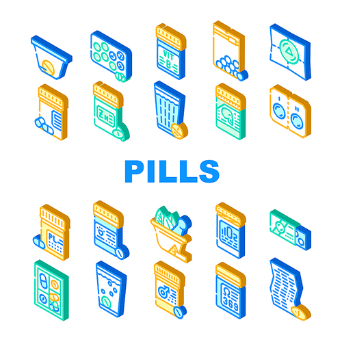 Pills Medicaments Collection Icons Set Vector. Pills Package And Glass With Water, Instruction And Pillbox Container, Medical Treatment Isometric Sign Color Illustrations