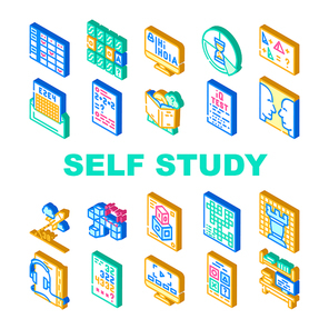Self Study Lessons Collection Icons Set Vector. Self Study Audiobook And Video Lessons, Chess And Crossword Game, Modeling And Iq Test Isometric Sign Color Illustrations