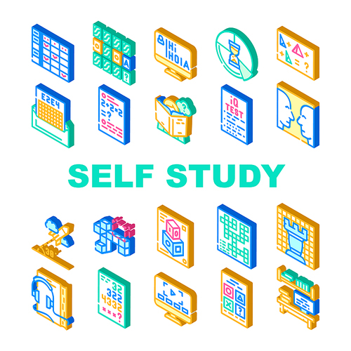 Self Study Lessons Collection Icons Set Vector. Self Study Audiobook And Video Lessons, Chess And Crossword Game, Modeling And Iq Test Isometric Sign Color Illustrations