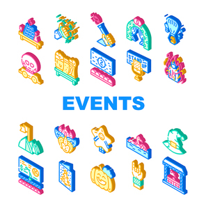 Events And Festival Collection Icons Set Vector. Rock And Oktober Fest, Standup And Pool Party, Fantasy Costume And Facial Mask Events Isometric Sign Color Illustrations