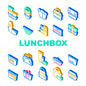 Lunchbox Dishware Collection Icons Set Vector. Backpack And For Women Lunchbox And Thermos, Vacuum And Folding, For Vintage And Sports Isometric Sign Color Illustrations