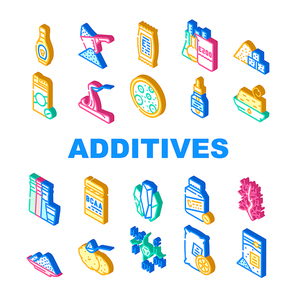 Food Additives Formula Collection Icons Set Vector. Corn Syrup And Sugar Substitute, Chemical Inventory And Amino Acids Food Additives Isometric Sign Color Illustrations