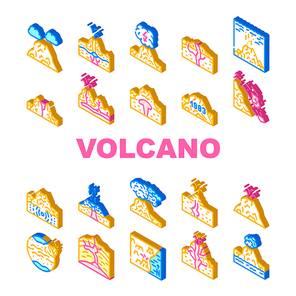Volcano Lava Eruption Collection Icons Set Vector. Volcano Under Water And Stratovolcano Mountain, Volcanic Bomb, Magma, Dirty Thunderstorm And Mud Isometric Sign Color Illustrations