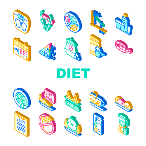 Diet Products And Tool Collection Icons Set Vector. Vegetarian Diet And Description, Fat Burning Tea And Smoothie Drink, Flexible Meter And Caliper Isometric Sign Color Illustrations