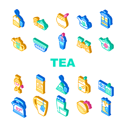 tea healthy drink collection icons set vector. ceremony table and dish for  healthcare tea, teapot and cup, bag and mesh of beverage isometric sign color illustrations