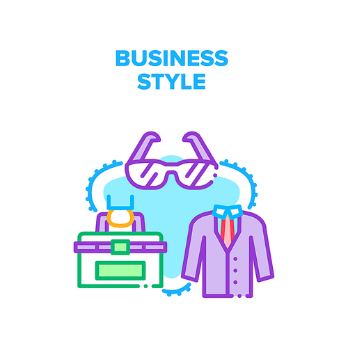 Business Style Vector Icon Concept. Costume And Sunglasses Business Style Of Manager. Businessman Wearing Tuxedo Going To Office With Case, Official Suit And Eyeglasses Accessory Color Illustration