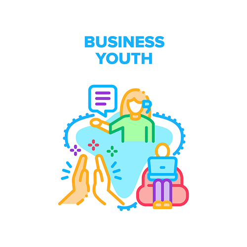 Business Youth Vector Icon Concept. Business Youth Employee Sitting In Chair And Working With Laptop, Woman Greeting Workers. New Businesswoman Work In Young Collective Color Illustration