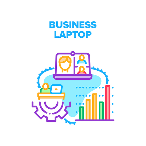 Business Laptop Vector Icon Concept. Business Laptop For Working In Internet, Analyzing Financial Infographic Or Trading And Video Call Communication With Employees And Colleagues Color Illustration