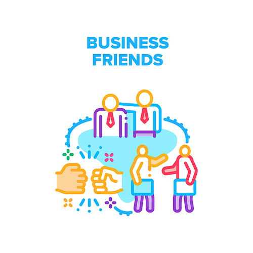Business Friends Vector Icon Concept. Business Friends Colleagues Working Together In Company And Greeting With Special Handshake. Businesspeople Friendship And Communication Color Illustration