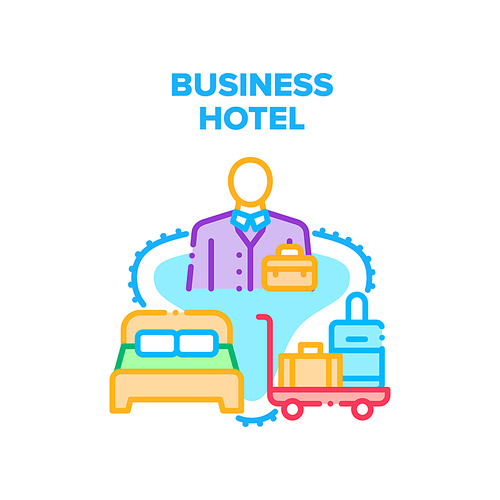 Business Hotel Vector Icon Concept. Businessman Traveling With Baggage Staying In Business Hotel At Night. Traveler Motel Guest Walking In Lobby With Luggage On Cart Color Illustration