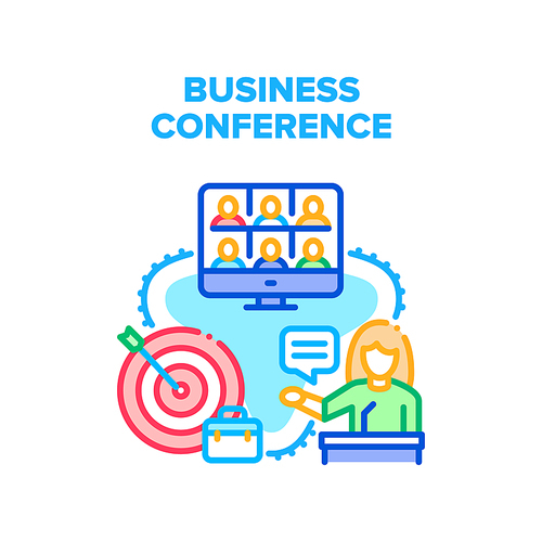 Business Conference Call Vector Icon Concept. Business Conference Call And Discussion With Partner Or Employees Team, Businesspeople Discussion Online Video Conversation Color Illustration