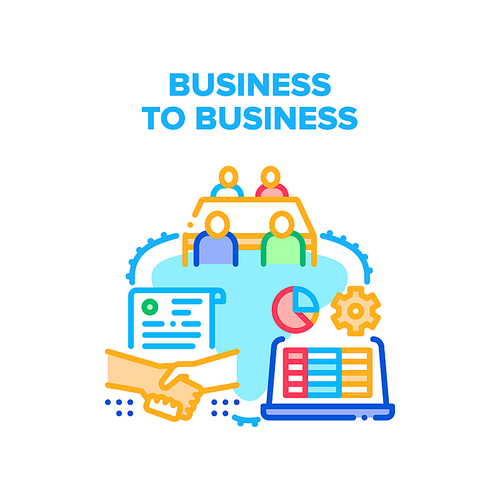Business To Business Partner Vector Icon Concept. Business To Business Partner Meeting And Researching Company Occupation Or Profit, Sign Contract And Handshake After Success Deal Color Illustration