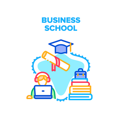 Business School Vector Icon Concept. Business School Education And Prepare Businessmen, Student Reading Financial Literature Books And Educate At Laptop. Graduate Finance College Color Illustration