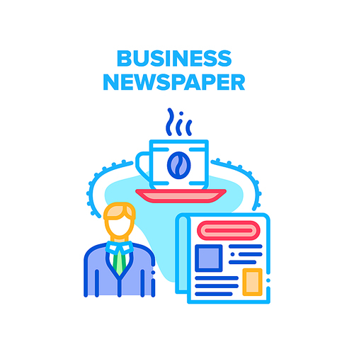 Business Newspaper Reading Vector Icon Concept. Business Newspaper Reading News Businessman And Drinking Hot Energy Beverage Coffee. Man Drink Espresso Read Press Articles Color Illustration
