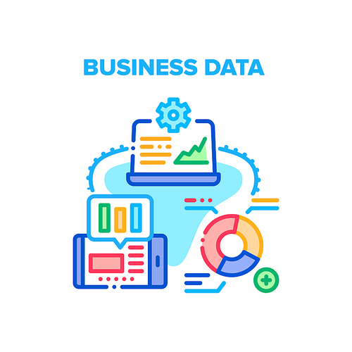 Business Data Vector Icon Concept. Business Data Infographic Analyzing On Laptop And Smartphone Screen, Analysis Market Info Chart Application And Software. Research Working Process Color Illustration