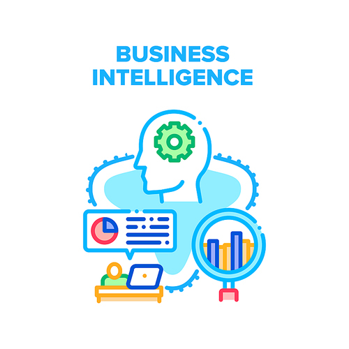 Business Intelligence Process Vector Icon Concept. Business Intelligence Process, Manager Analyzing Market Financial Diagram. Businessman Researching Infographic And Thinking Color Illustration