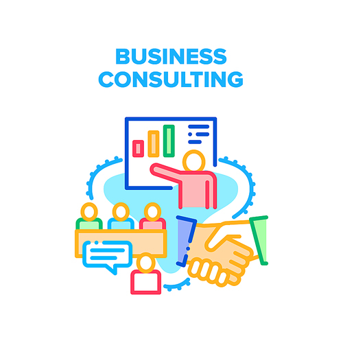 Business Consulting Advise Vector Icon Concept. Business Consulting Advise And Businessman Presentation On Meeting, Partners Handshaking After Successfully Deal. Consultant Color Illustration