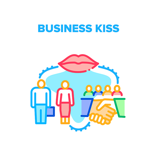 Business Kiss Vector Icon Concept. Business Kiss And Partners Meeting, Handshaking After Successfully Deal And Signed Contract. Businesspeople Relationship And Flirting Color Illustration