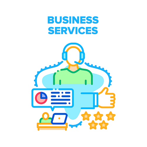 Business Services And Support Vector Icon Concept. Operator Advice Online Helping Client And Discussing Through Telephone, Analyzing Financial Chart Business Services Color Illustration