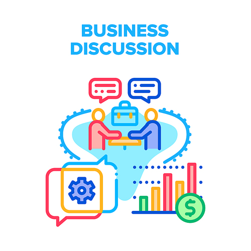 Business Discussion Partner Vector Icon Concept. Business Discussion Partner About Case And Cooperation, Partnership And Researching Financial Chart. Discuss Process Color Illustration