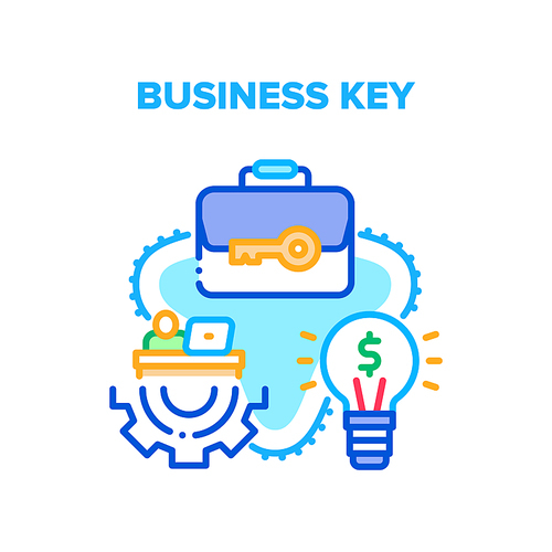 Business Key Vector Icon Concept. Business Key And Idea For Starting Startup, Man Working At Laptop, Monitoring Market Or Trading. Businessman Work At Workplace And Think About Strategy Color Illustration