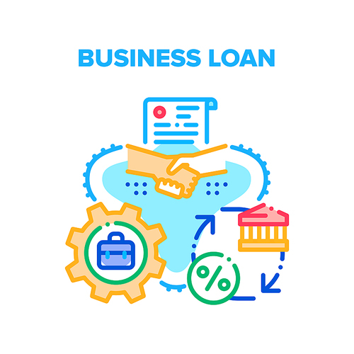 Business Loan Vector Icon Concept. Business Loan For Start Startup, Processing In Financial Structure And Handshaking With Creditor After Finance Deal. Money For Development Color Illustration