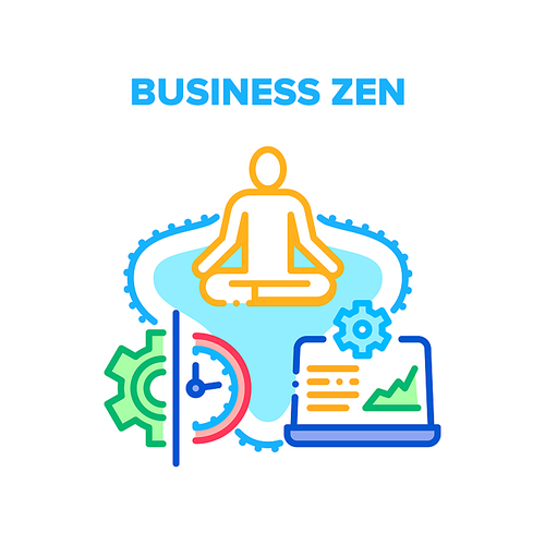 Business Zen Vector Icon Concept. Businessman Relaxing Meditating In Office, Peaceful Ceo In Suit Practicing Yoga At Work, Business Zen And Meditation. Relaxation Color Illustration