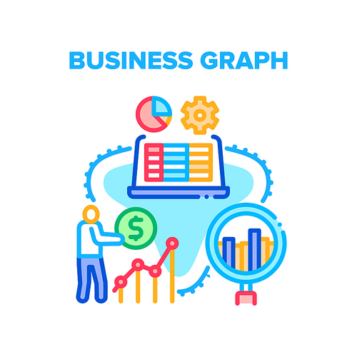 Business Graph Vector Icon Concept. Businessman Researching Trading Market Business Graph And Earning Money. Man Working At Laptop On Workplace, Research Infographic Color Illustration