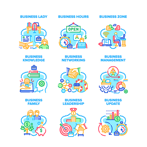 Business Update Set Icons Vector Illustrations. Business Zone And Hours, Family And Lady, Businesswoman And Leadership, Management And Knowledge, Network And Online Color Illustrations