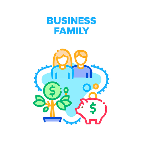 Business Family Vector Icon Concept. Business Family Husband Man And Wife Woman Leading Company And Earning Money Together. Growing Profit And Collect Coins In Piggy Bank Color Illustration