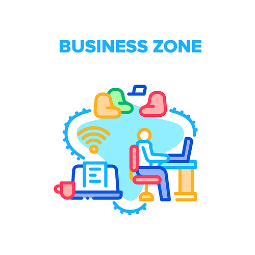 Business Zone Vector Icon Concept. Wifi Wireless Internet Technology Business Zone With Comfortable Chairs For Working At Laptop And Office Workspace. Businessman Work On Computer Color Illustration