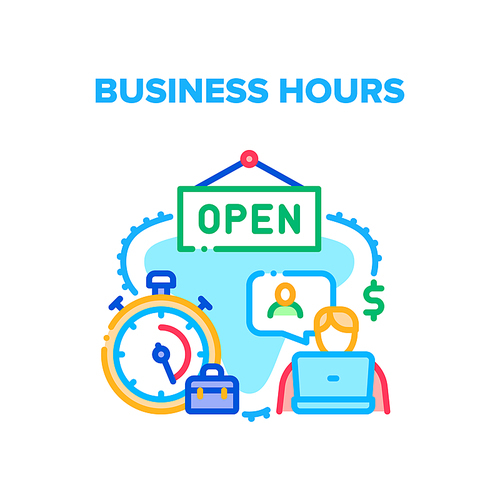 Business Hours Vector Icon Concept. Business Hours Of Open Shop And Working Time Businessman, Employee Work And Communicate With Partner On Laptop. Project Deadline Color Illustration
