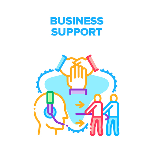 Business Support And Advise Vector Icon Concept. Online Business Support And Adviser Consultation, Team Work And Businessman Help In Competition. Cooperation And Partnership Color Illustration