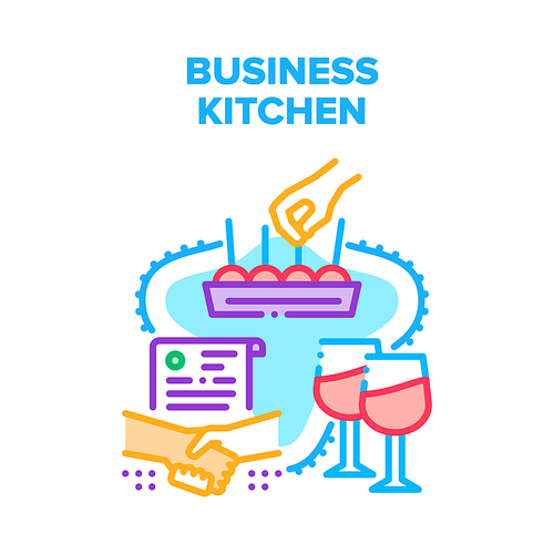 business kitchen meeting vector icon concept. business kitchen for discuss terms of cooperation and signing agreement,  alcoholic drinks and eating snacks color illustration