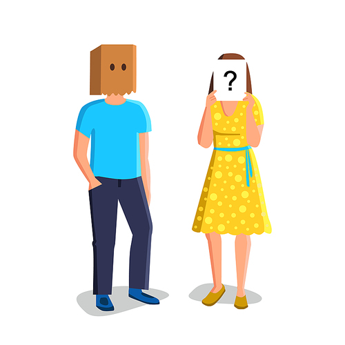 Anonymity Unknown People With Hidden Faces Vector. Anonymity Man With Bag On Head And Woman Holding Paper List With Question Mark. Anonymous Characters Couple Flat Cartoon Illustration