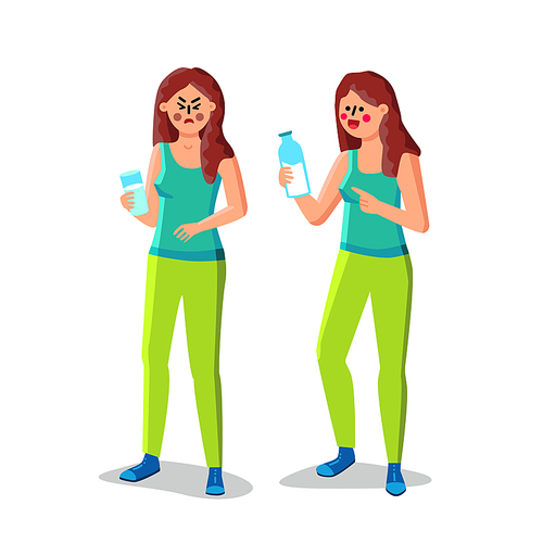 Lactose Intolerance Girl Hold Glass Of Milk Vector. Woman With Lactose Indigestion Suffering Pain Stomach Ache. Character Holding With Lactose-free Dairy Drink Flat Cartoon Illustration