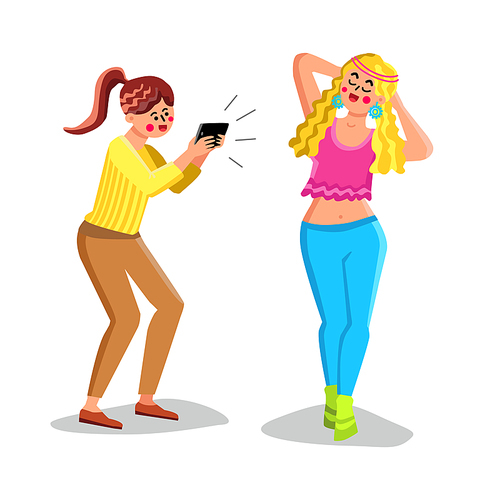 Girl Make Photo On Phone Friend For Avatar Vector. Photographer Photographing Young Woman On Smartphone Camera For Social Page Avatar. Characters Photography Session Flat Cartoon Illustration