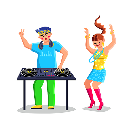 Disk Jockey Playing Music On Dj Equipment Vector. Dj At Turntable Play Cd Players At Nightclub During Party And Dancing Young Girl. Characters In Night Club Flat Cartoon Illustration