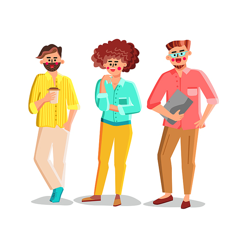 People Professional Occupation And Business Vector. Programmer Holding Laptop, Bearded Man Holding Drink Cup And Smiling Young Woman, Team Occupation. Characters Flat Cartoon Illustration
