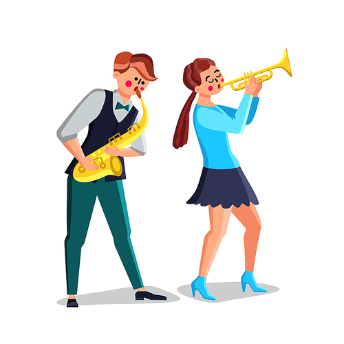 Musicians Playing on Saxophone And Trumpet Vector. Young Man Saxophonist And Woman Play On Trumpet Musical Instruments. Characters Performers Jazz Orchestra Music Flat Cartoon Illustration