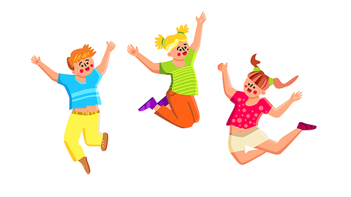 Smiling Kids Playing And Jumping Together Vector. Happy Smiling Kids Boy And Girls Play, Jump And Dancing. Characters Children With Funny Expression Have Active Time Flat Cartoon Illustration
