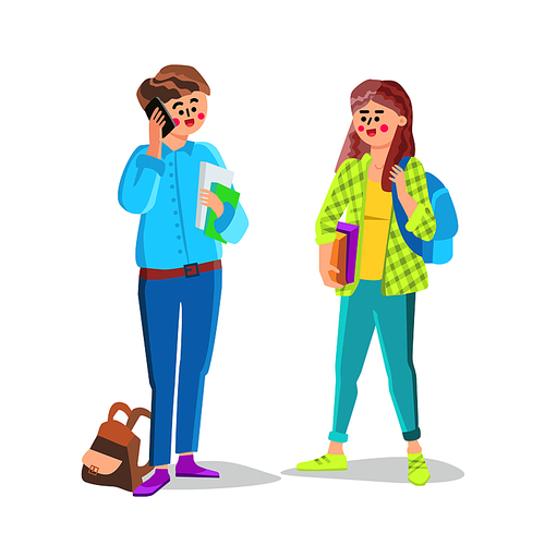 Students Teenagers With Backpack And Books Vector. Young University Students Couple, Boy Talking On Phone And Girl Holding Books. Characters College Education Flat Cartoon Illustration