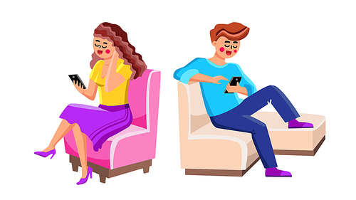 Using Smartphones Man And Woman People Vector. Happy Smiling Young Boy And Girl Couple Sitting On Chair And Use Smartphones. Characters Holding Mobile Phones Flat Cartoon Illustration